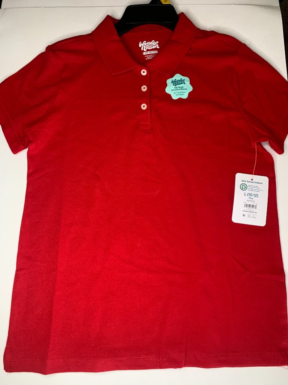 New Wonder Nation Girls School Uniform Pique Polo Shirt, Red, Large (10-12) Plus